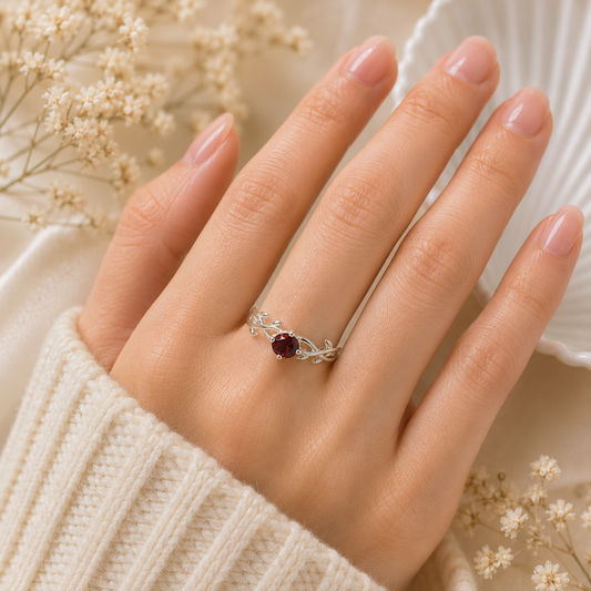Red Garnet Nature Inspired Leaf Ring in 925 Sterling Silver