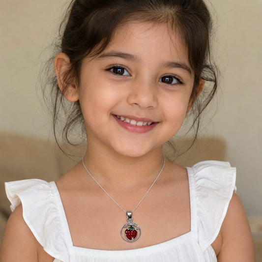 Kids Strawberry Enamel Charm Pendant in 925 Sterling Silver with Red and Green Design