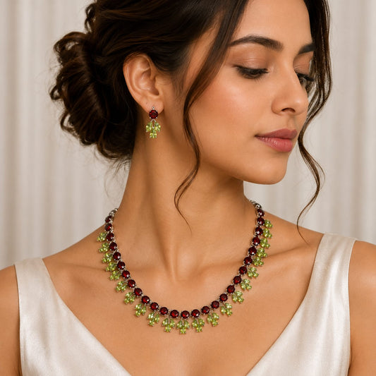 Garnet and Peridot Necklace Set with Matching Earrings in 925 Sterling Silver