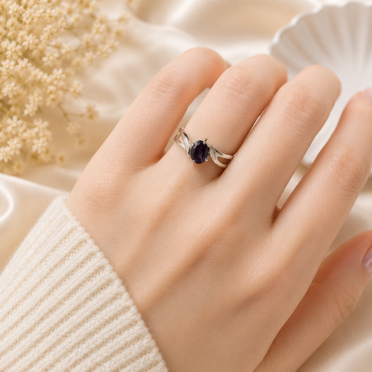 Oval Amethyst Ring in 925 Sterling Silver featuring an oval purple gemstone