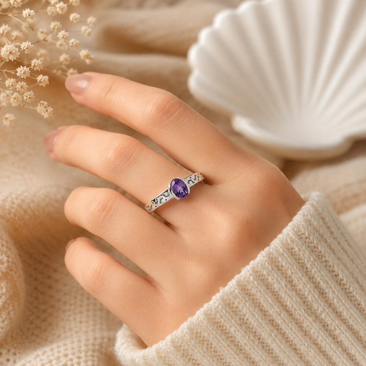 Engraved Amethyst Solitaire Ring in Authentic 925 Sterling Silver for Women