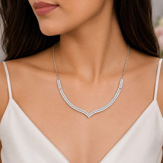Sparkling Chevron CZ Necklace in 925 Sterling Silver with Cubic Zirconia Stones