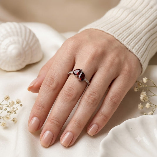 Red Garnet Double Pear Bypass Ring in 925 Sterling Silver