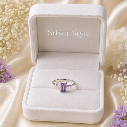 Emerald Cut Amethyst Ring in 925 Sterling Silver featuring a rectangular purple gemstone