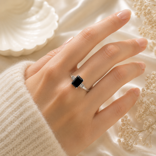 Emerald Cut Black Onyx Ring in 925 Sterling Silver with Emerald Cut Black Onyx Gemstone