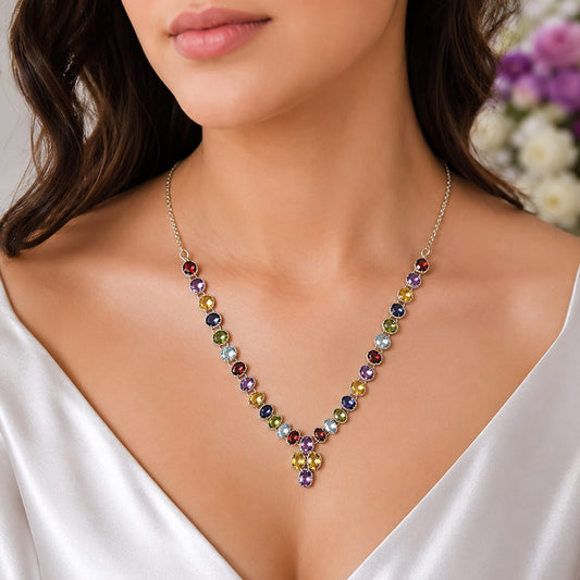 925 Sterling Silver Multi Gemstone Necklace with Colorful Oval Cut Stones and Drop Pendant
