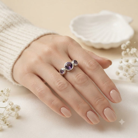 Cluster Amethyst Ring in 925 Sterling Silver with three round purple gemstones