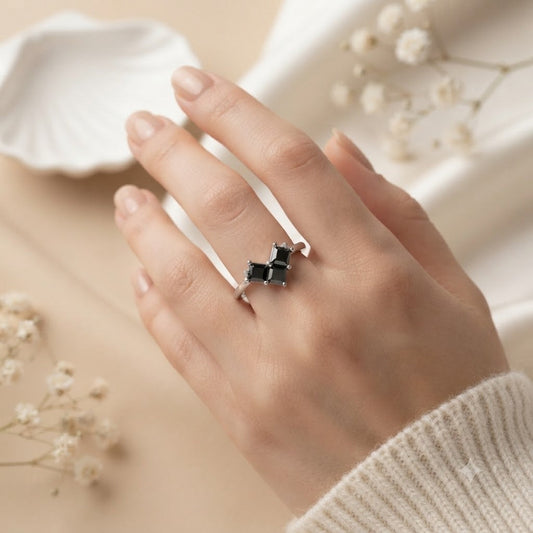 Cluster Black Onyx Ring in 925 Sterling Silver with Square Black Onyx Gemstones