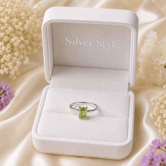 Emerald-Cut Peridot Solitaire Ring in 925 Sterling Silver