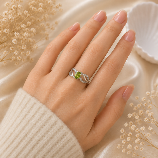 Oval Peridot Infinity Twist Ring in 925 Sterling Silver
