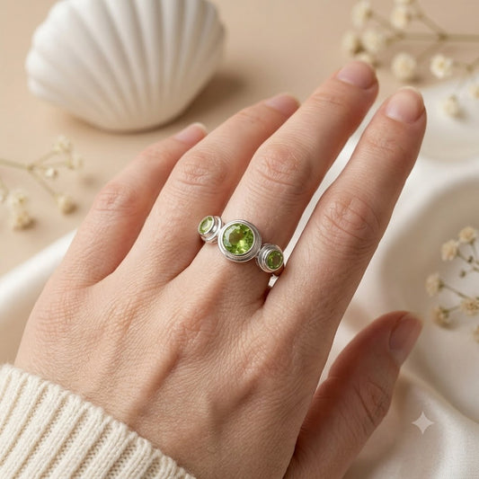 Three-Stone Peridot Bezel Ring in 925 Sterling Silver