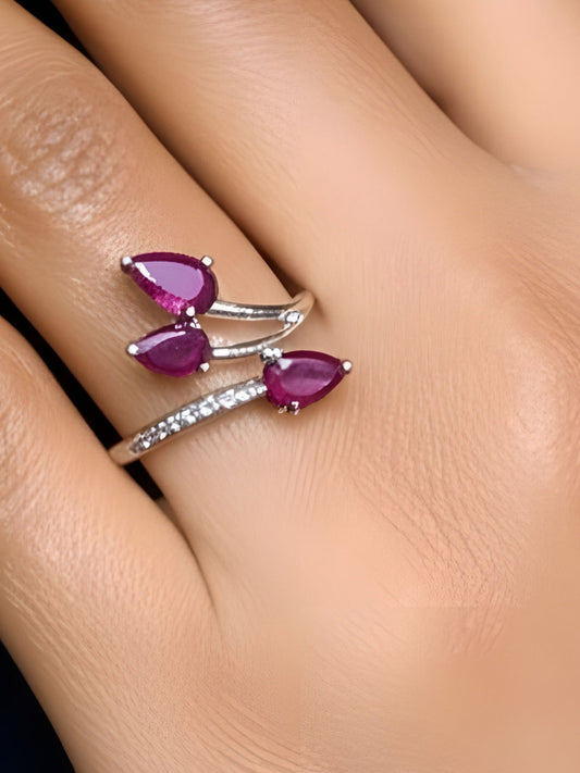 Triple Pear-Cut Ruby Bypass Ring in 925 Sterling Silver