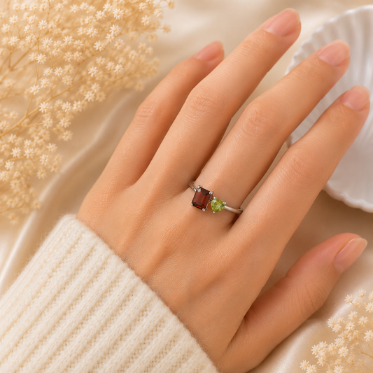 Garnet and Peridot Heart Bypass Ring in 925 Sterling Silver