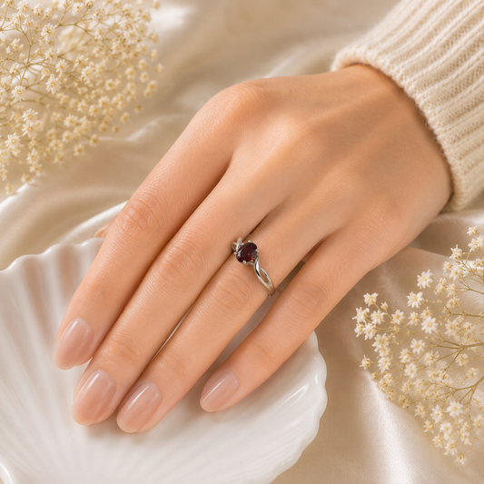 Red Garnet Oval Bypass Ring in 925 Sterling Silver