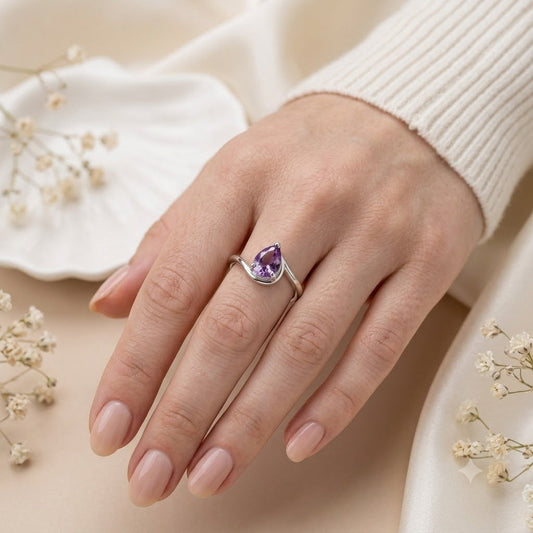 Pear Amethyst Ring in 925 Sterling Silver featuring a pear cut purple gemstone