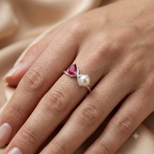 Open Pearl Ruby Ring 925 Sterling Silver