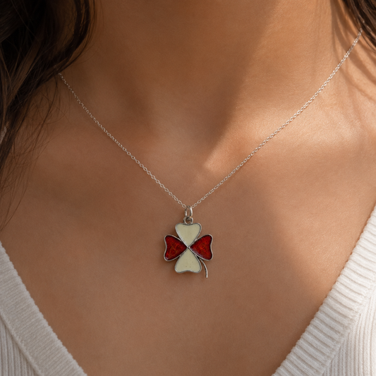 925 Sterling Silver Four Leaf Clover Charm with Red and Off-White Enamel Details