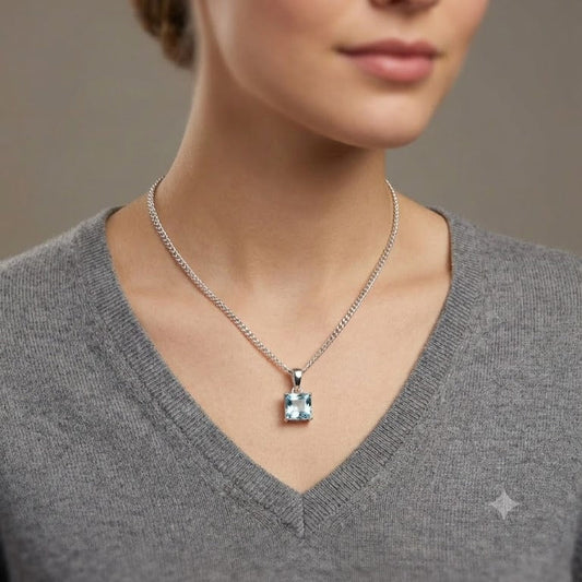 Sky Blue Topaz Pendant in 925 Sterling Silver with square-cut blue gemstone.
