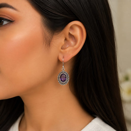925 Sterling Silver Vintage Drop Earrings featuring oval-cut natural Amethyst gemstones with an intricate oxidized silver frame.