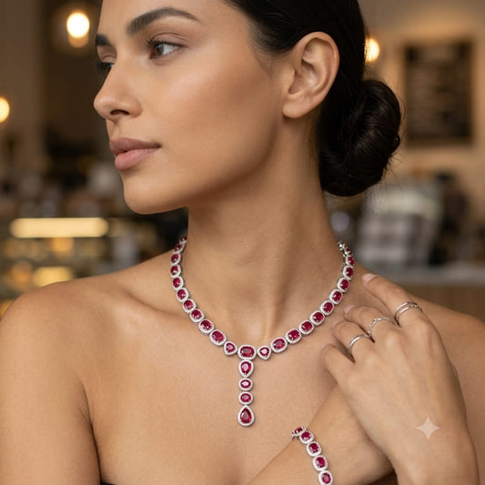 Red Ruby Halo Drop Necklace in 925 Sterling Silver featuring heart, oval, cushion, and pear-cut Red Ruby gemstones with sparkling halo accents.