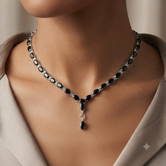 Black Onyx Classic Drop Necklace in 925 Sterling Silver featuring polished oval-cut Black Onyx gemstones with a delicate drop pendant.