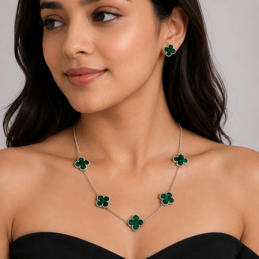 Green Malachite Clover Jewelry Set in 925 Sterling Silver featuring a matching clover necklace and stud earrings.