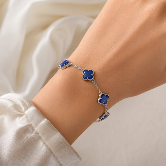 925 Sterling Silver Lapis Lazuli Clover Bracelet with Blue Gemstones