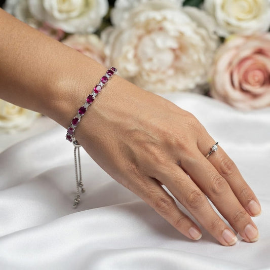 925 Sterling Silver Ruby Adjustable Tennis Bracelet with Red Gemstones