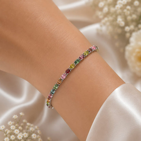 Multicolor Tourmaline Tennis Bracelet in 925 Sterling Silver