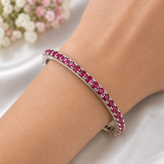 Pair of 925 Sterling Silver Eternity Bangles Studded with Round Red Ruby Gemstones