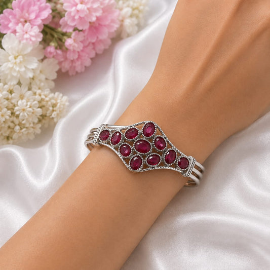 925 Sterling Silver Statement Cuff Bangle Set with Oval Red Ruby Gemstones in a Beaded Frame Design