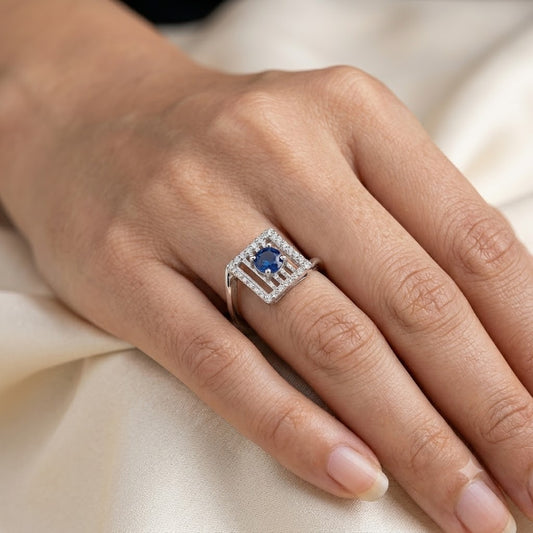 Blue Sapphire Square Ring 925 Silver