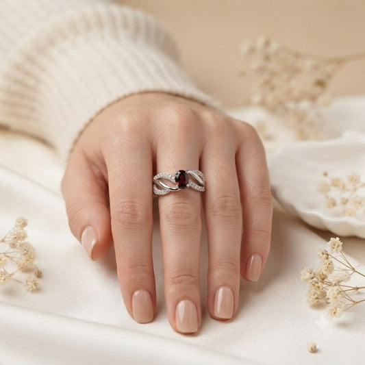 Oval Garnet Twisted Band Ring in 925 Sterling Silver