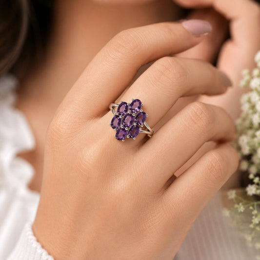Oval Amethyst Cluster Ring in Authentic 925 Sterling Silver for Women