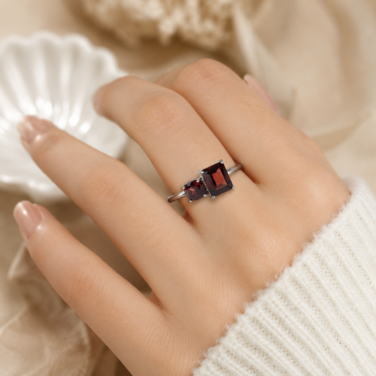 Duo Garnet Ring in Authentic 925 Sterling Silver
