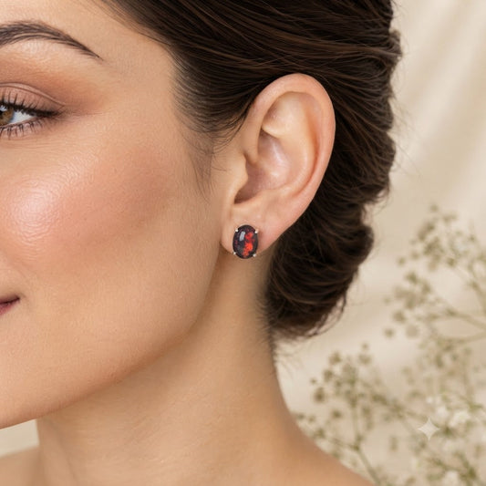 Black Opal stud earrings in 925 sterling silver with green and red play of colour