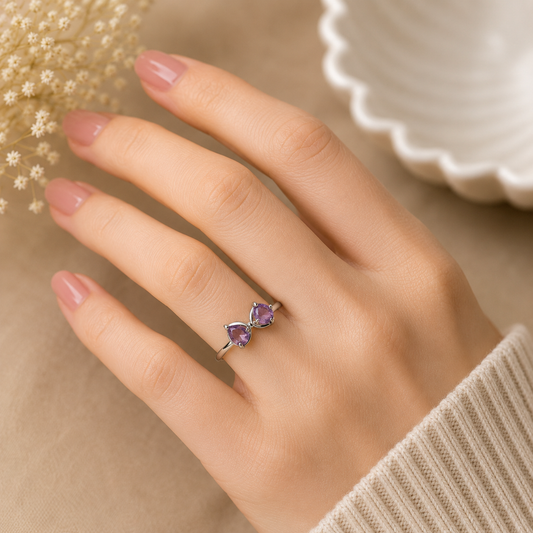 Open Amethyst Bypass Ring in Authentic 925 Sterling Silver for Women