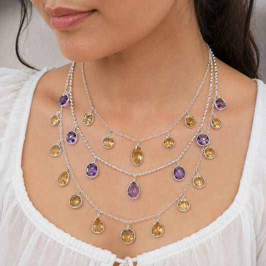 925 Sterling Silver 3 Layered Amethyst and Citrine Gemstone Necklace with Teardrop and Oval Cut Stones