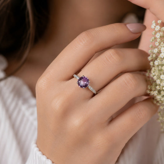 Round Amethyst Solitaire Ring in Authentic 925 Sterling Silver for Women