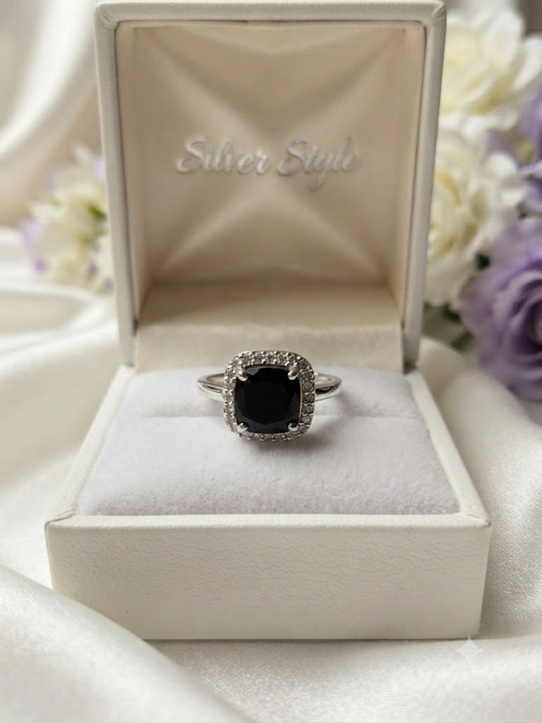 Halo Black Onyx Ring in 925 Sterling Silver with Cushion Black Onyx