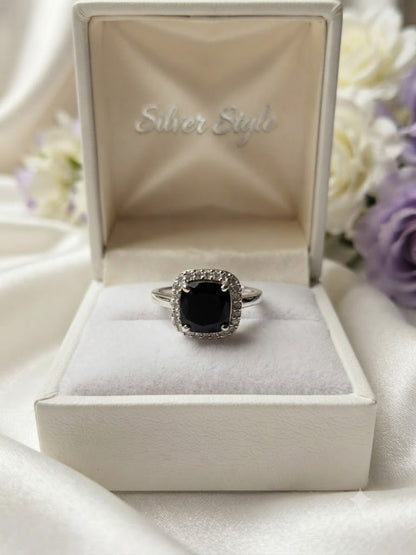 Halo Black Onyx Ring in 925 Sterling Silver with Cushion Black Onyx