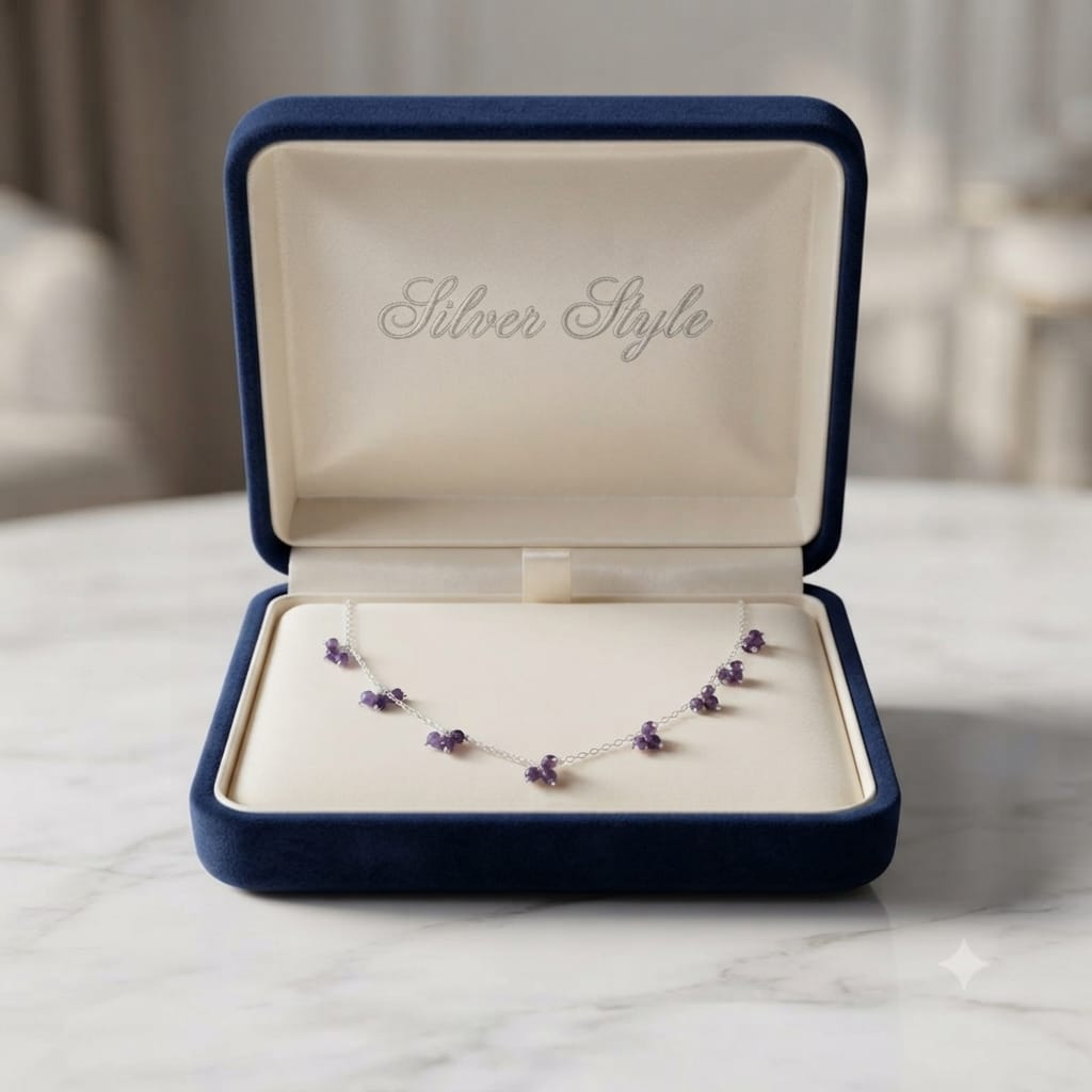 Amethyst beads cluster necklace in 925 Sterling Silver with purple gemstone clusters
