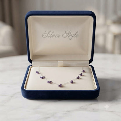 Amethyst beads cluster necklace in 925 Sterling Silver with purple gemstone clusters