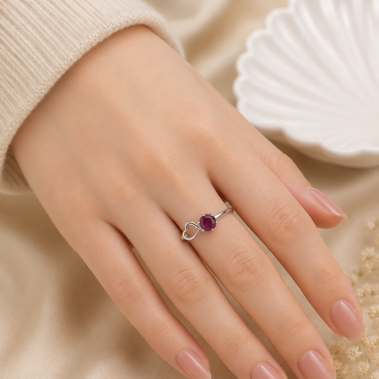 Round-Cut Ruby Ring with Heart Detail in 925 Sterling Silver