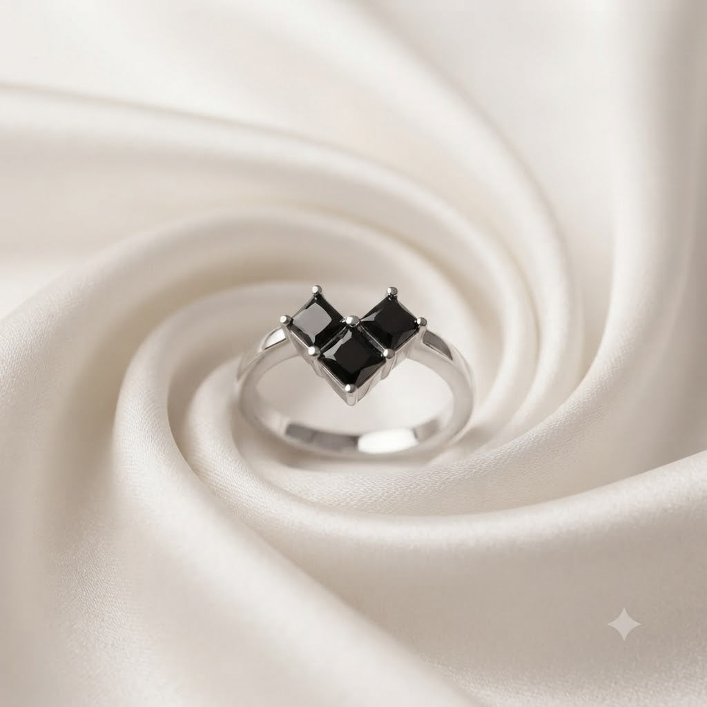 Cluster Black Onyx Ring in 925 Sterling Silver with Square Black Onyx Gemstones