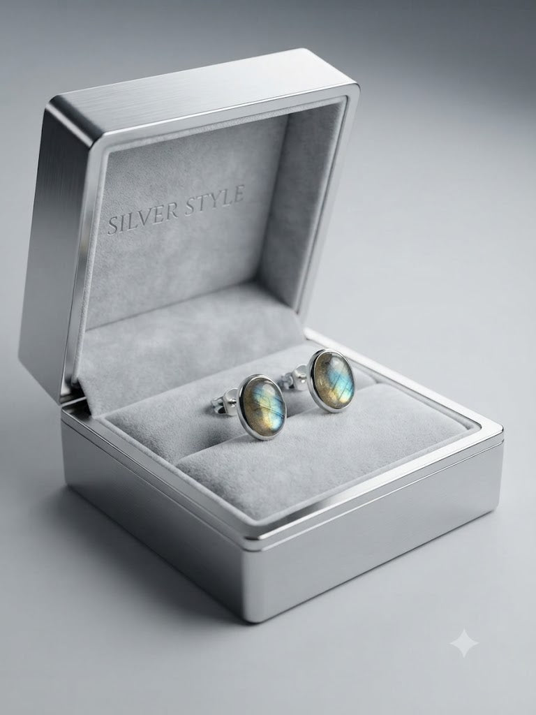 Labradorite oval stud earrings in 925 sterling silver