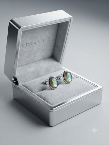 Labradorite oval stud earrings in 925 sterling silver