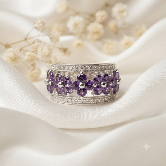 Floral Amethyst Ring in Authentic 925 Sterling Silver