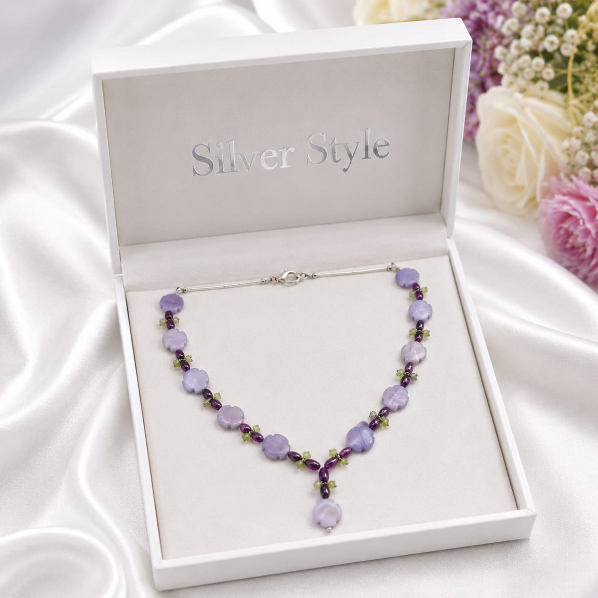 Amethyst and Peridot Flower Y Necklace in 925 Sterling Silver with carved flower beads