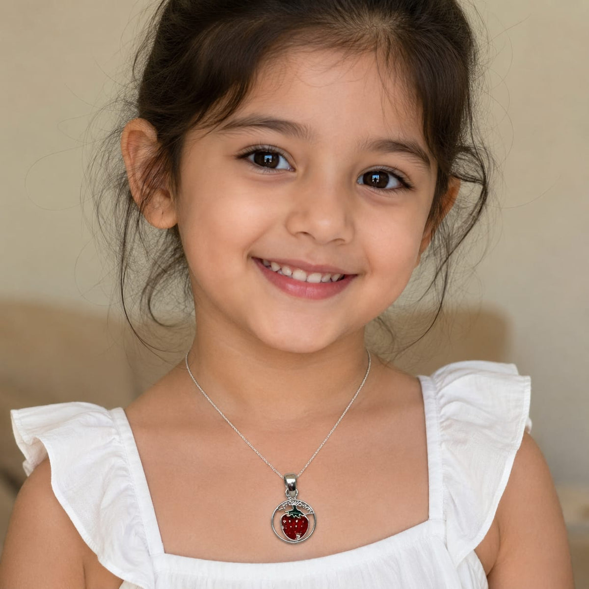 Kids Strawberry Enamel Charm Pendant in 925 Sterling Silver with Red and Green Design